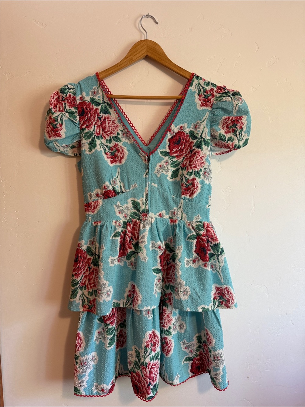 Betsey Johnson Aqua Floral V-Neck Tiered Mini Dress